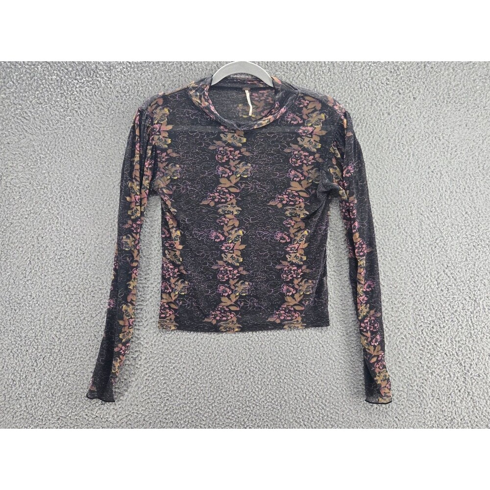 Free People Top Women's XS Floral Sheer Mesh Long Sleeve Shirt Black Pink